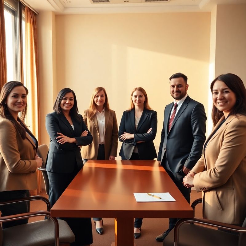 Four professionals in a warm cream and terracotta-toned boardroom